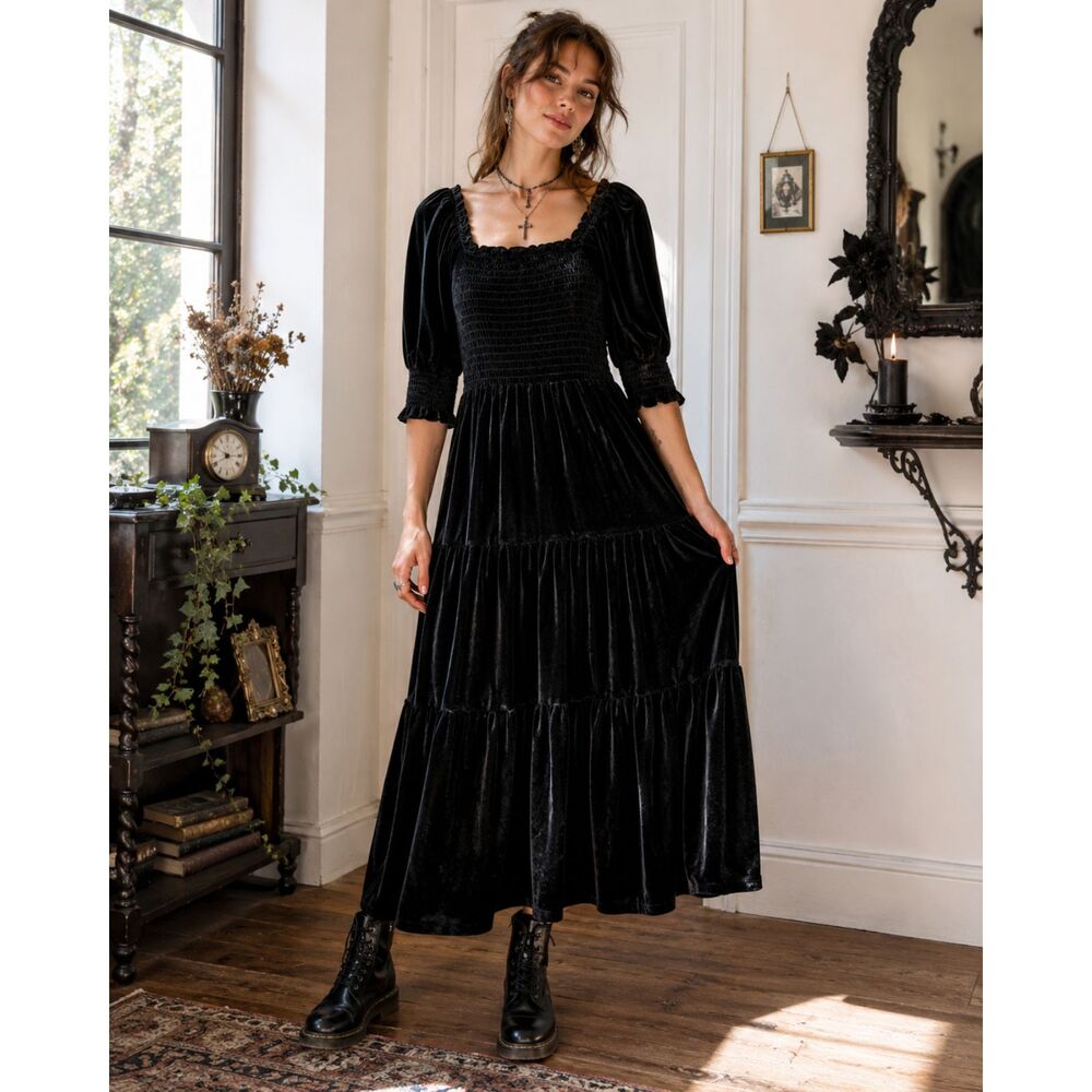 Black Velvet Dress WhimsyGoth Romantic Tiered Puff Sleeve Witchy Grunge Glam